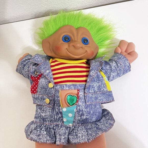 Vintage Ace Novelty Treasure Troll Tot Green Heart Wishstone Large Doll 14" - Picture 5 of 16